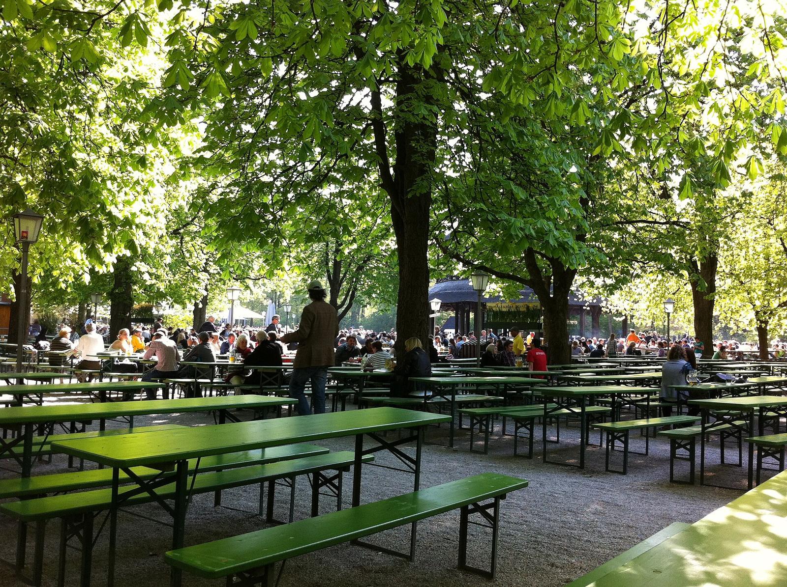 A Munich beer garden under chestnut trees at the Chinesischer Turm
