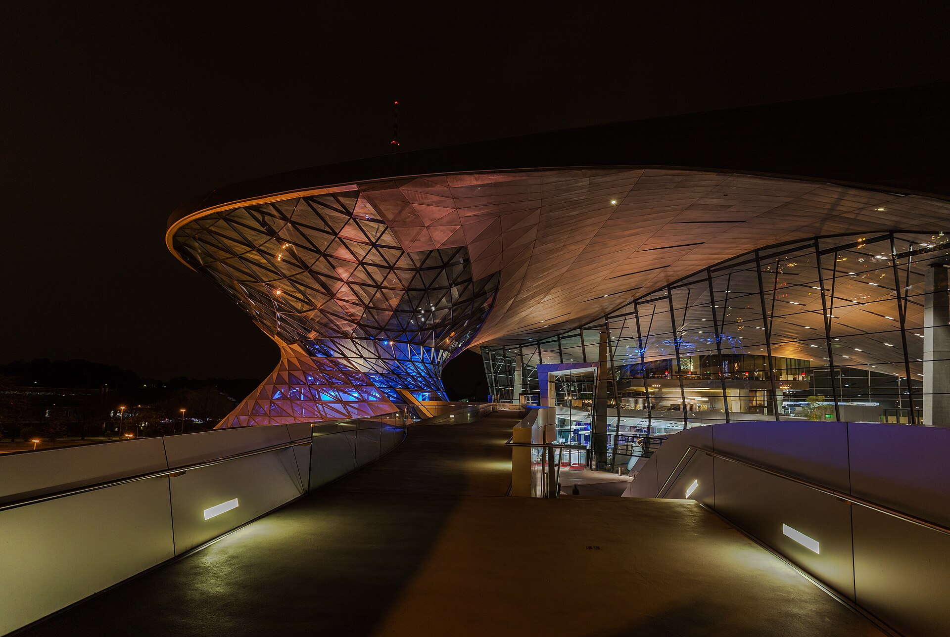 Inside BMW Welt after dark