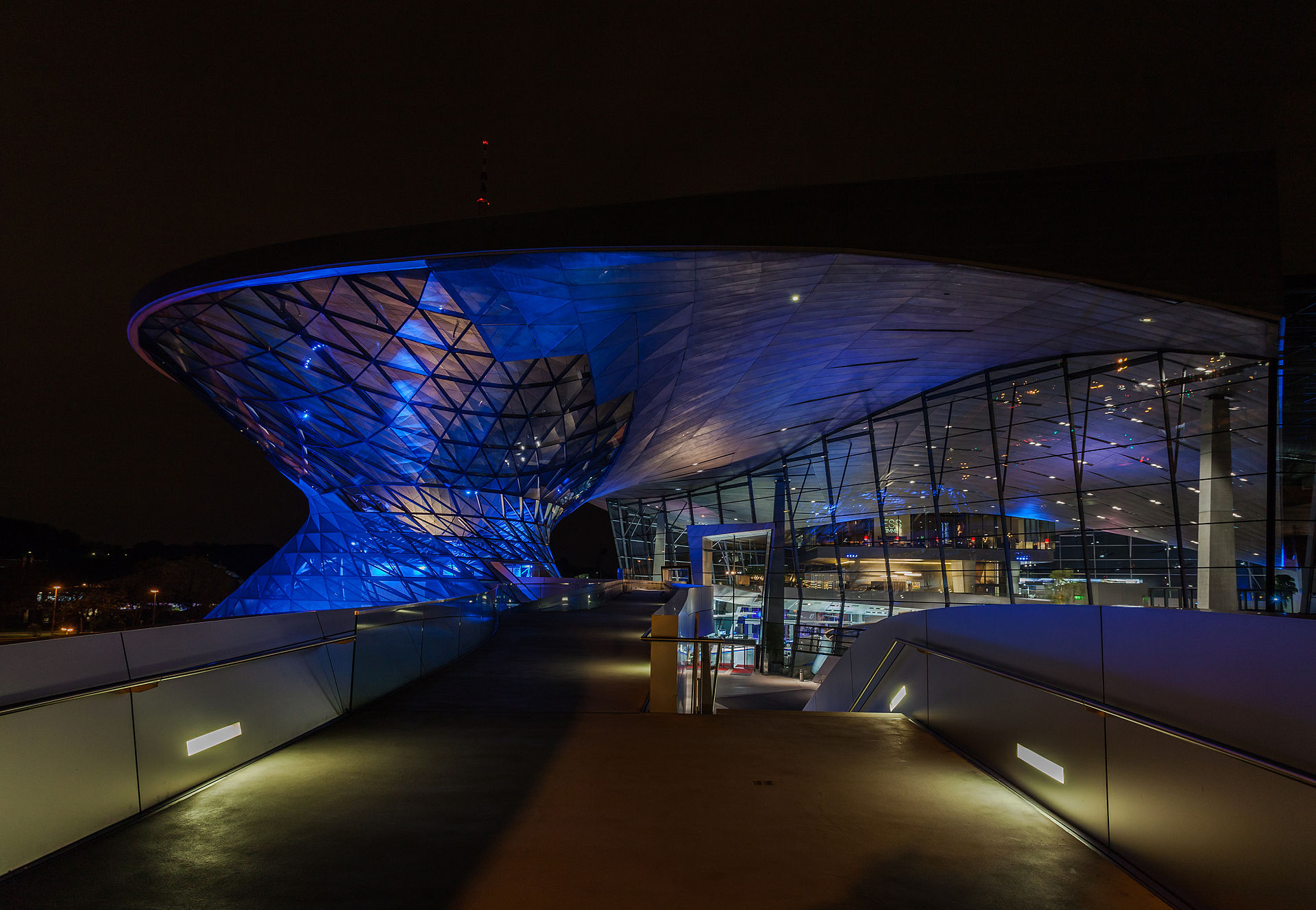 The BMW Welt roof lit blue